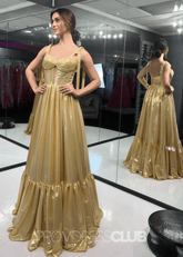 Freda |Long Gold Prom Dress Metallic With A Line Bow Straps - Gold - PromDressClub